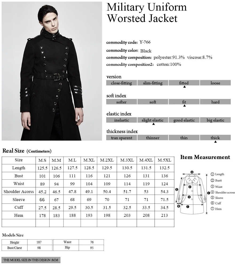 Y-766 Napoleon military uniform men black Gothic long winter coats