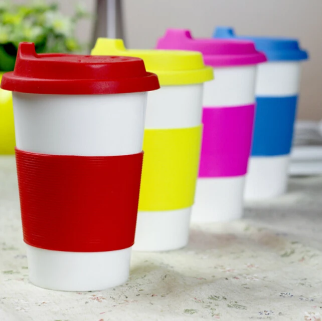 12oz Single Walled Ceramic Coffee Travel Cup With Silicone Sleeve And