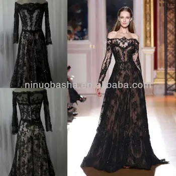 Beaded Off Shoulder Long Sleeve Dress With Slit Black