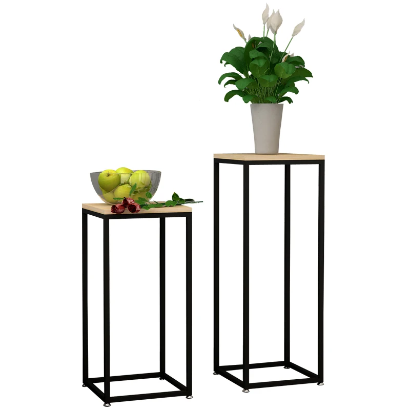 Modern Metal Display Flower Stand Side Table Wood Top Living Room