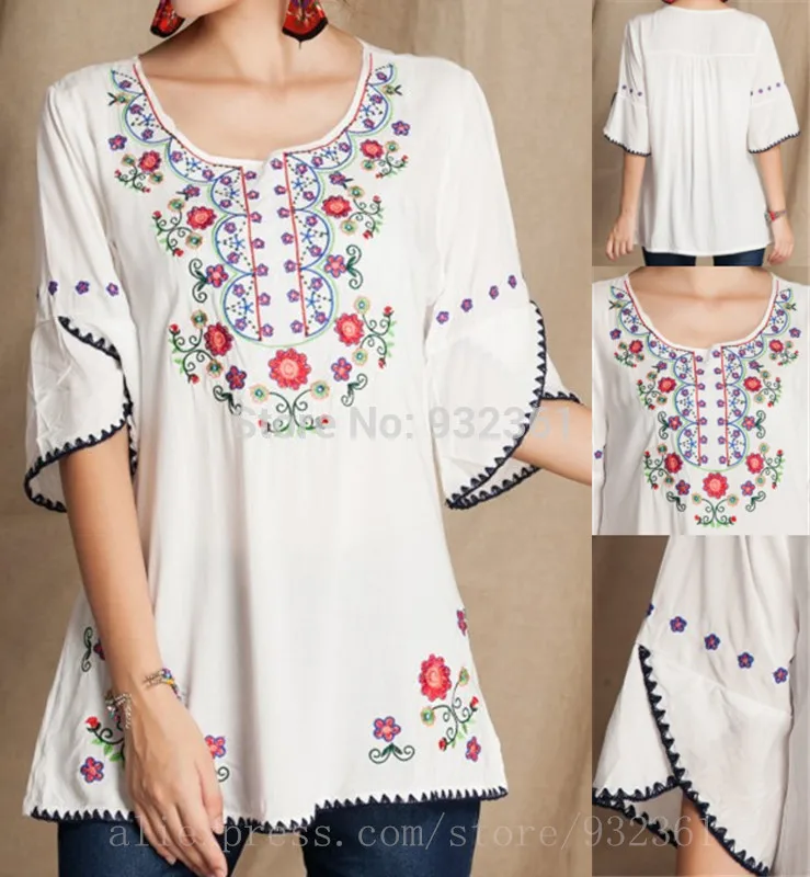 Vintage mexicano Floral bordado camisas casuales ropa