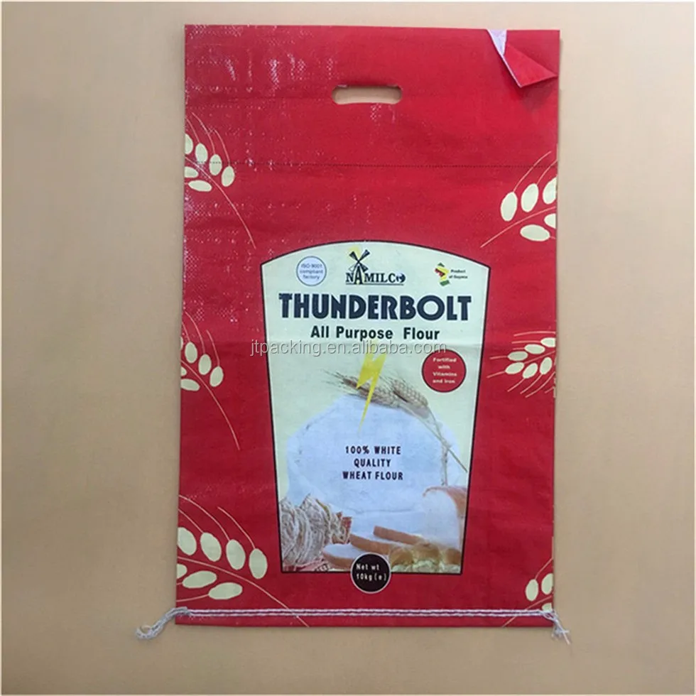 Custom attractive printing moistureproof packaging 50kg plastic grain maize packing wheat flour ricebags with handl