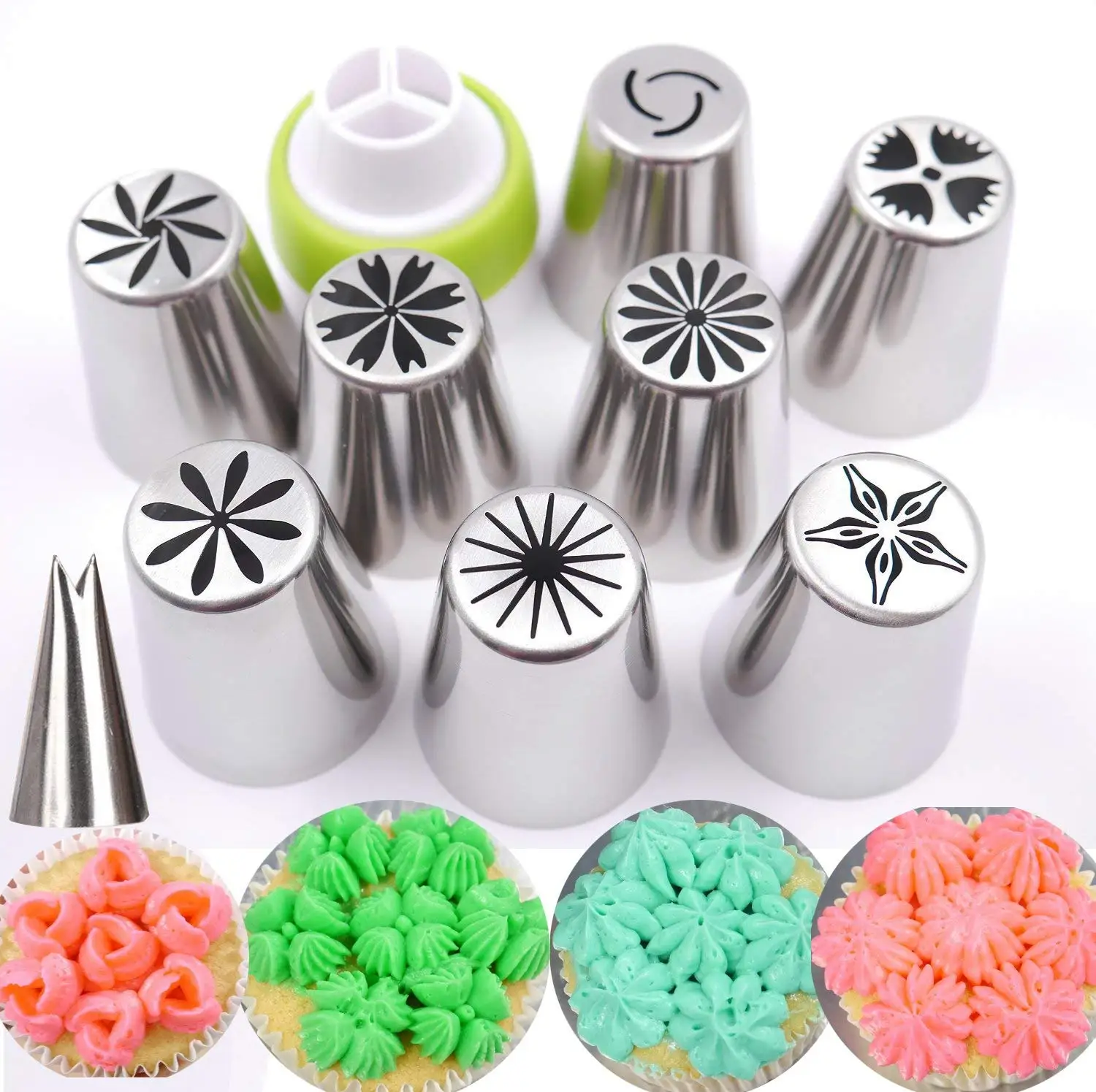 KOOTIPS Russian Piping Tips 20 Pcs/SET 8 Extra Large Stainless Steel Pastry Nozzle Tips and 1 Leaf Tips, 1 XL Coupler with 10 Disposable Pastry Icing Bags