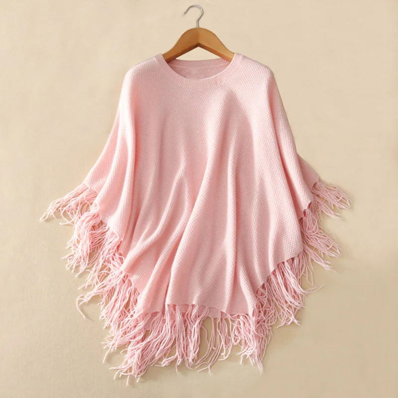 100 pure cashmere shawl women s fashion knitting long poncho scarf O neck solid color tassel