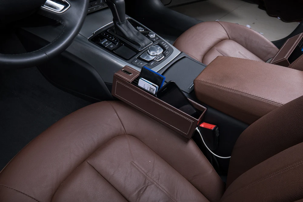Universal Pu Leather Car Console Side Pocket And Seat Gap Catcher With