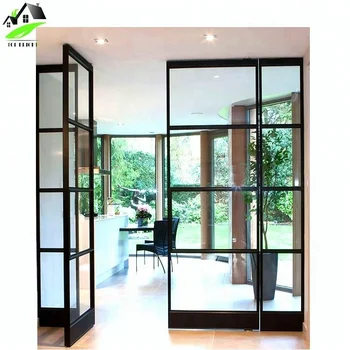 Commercial Aluminum Alloy Narrow Frame Cat Tempered Gl Double Entrance Front Swing Door With Black Grid Design French Commercial Aluminum Alloy Narrow Frame Cat Tempered Gl Double Entrance Front Swing Door With Black Grid Design French