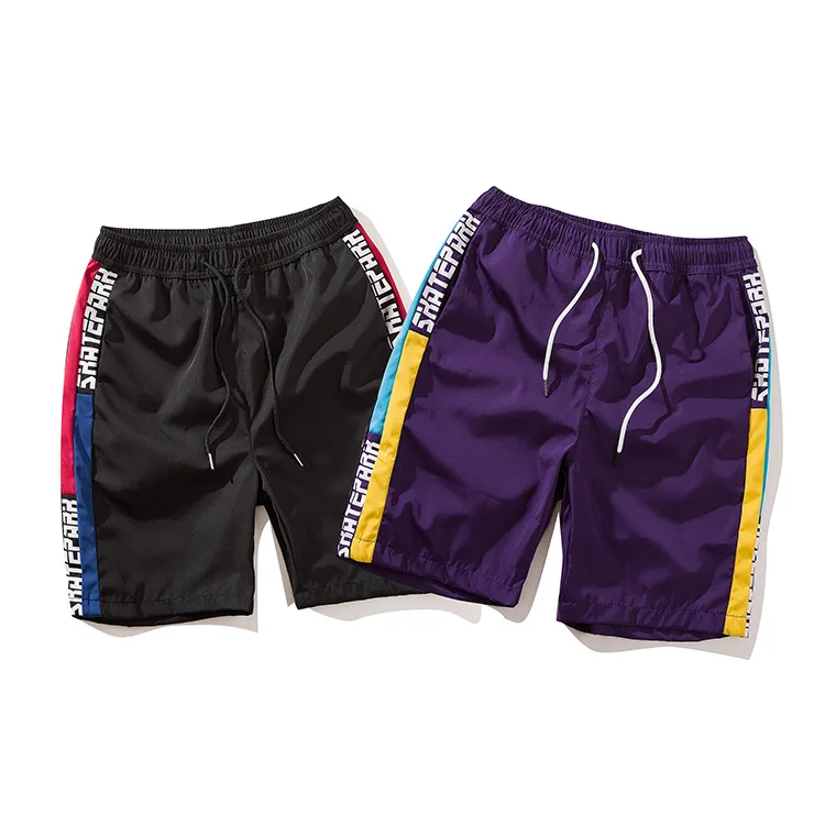 
Men Beach Shorts Custom Letter Print Purple Black Elastic Waist Shorts 