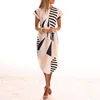 2018 New Arrivals Fashion Women Summer Casual V-Neck Floral Print Geometric Pattern Side Split Belted Dress