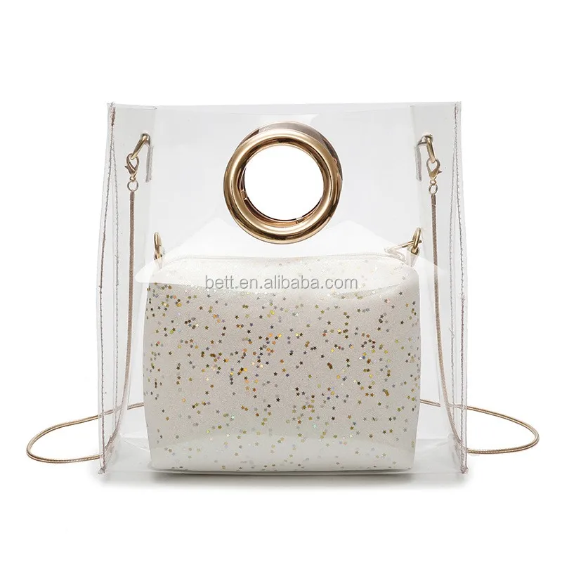 Custom Clear Pvc Lady Handbag Set Transparent Beach Tote Bag With Inner