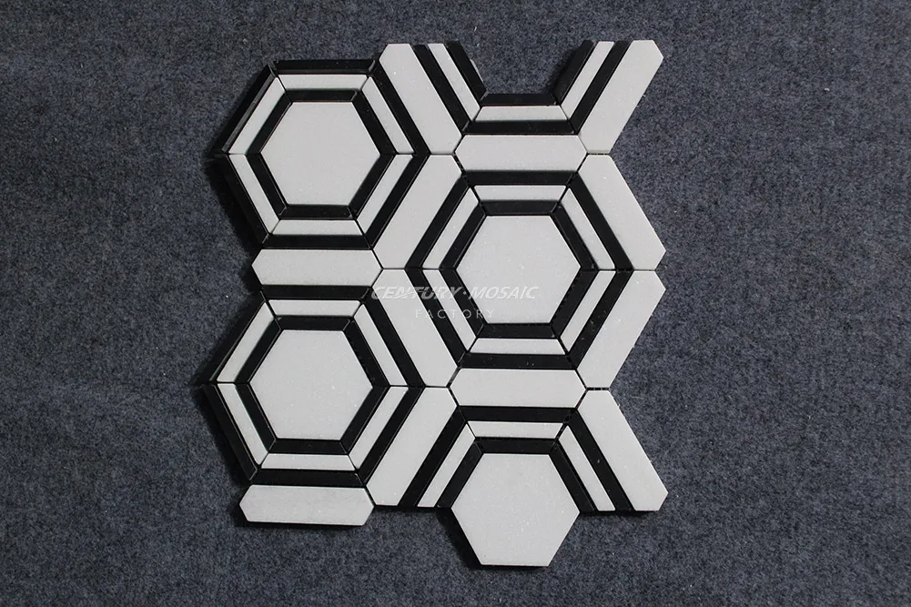 White Thassos And Super Black Flooring Tile Hexagon Marble Mosaic - Buy ...