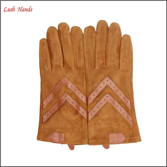 Women 's fashion drving brown sheepsuede and leather gloves