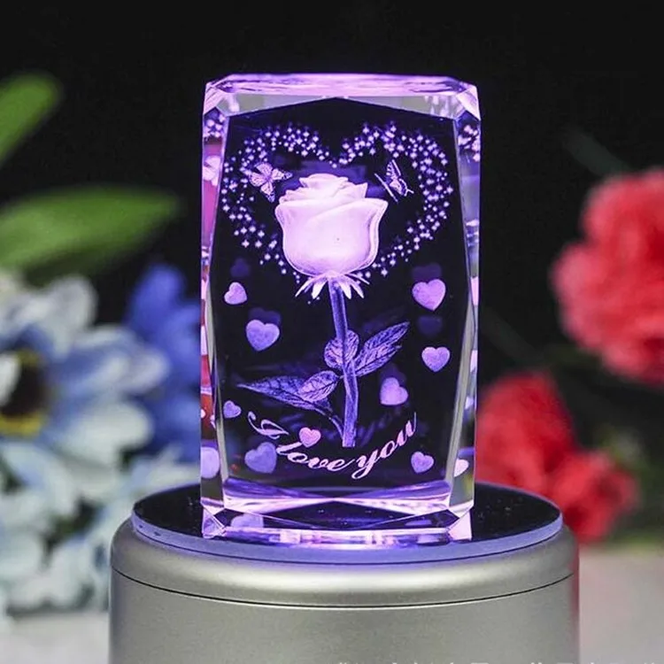 Beautiful 3d Laser Crystal Rose Cube With Led Light,Crystal Souvenir