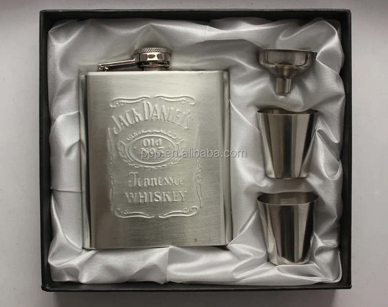 6oz Embossed Mini Flask Set With Funnel And Cups Gift Box Packing Hip