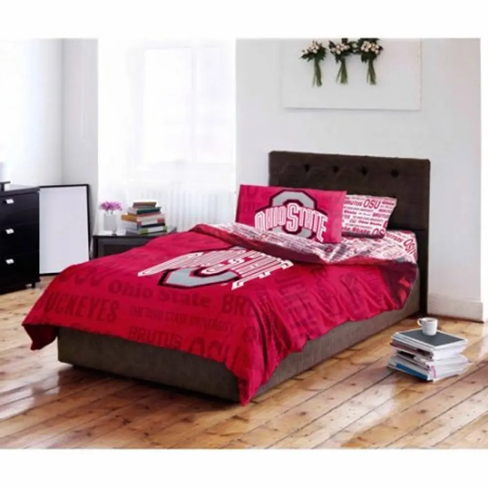 4 Piece NCAA Ohio State University Buckeyes Comforter Twin Set, Sports Patterned Bedding, Featuring Team Logo, Fan Merchandise, Team Spirit, College Football Themed, Red Multi