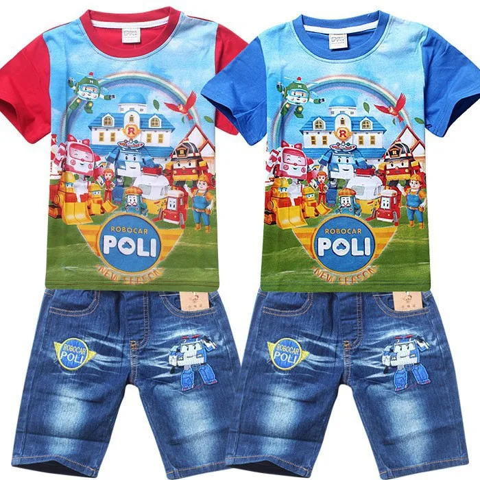 Hot New 2015 Summer POLI ROBOCAR Children Boys Clothing Sets Baby Kids Suitst Shirt Jeans Shorts