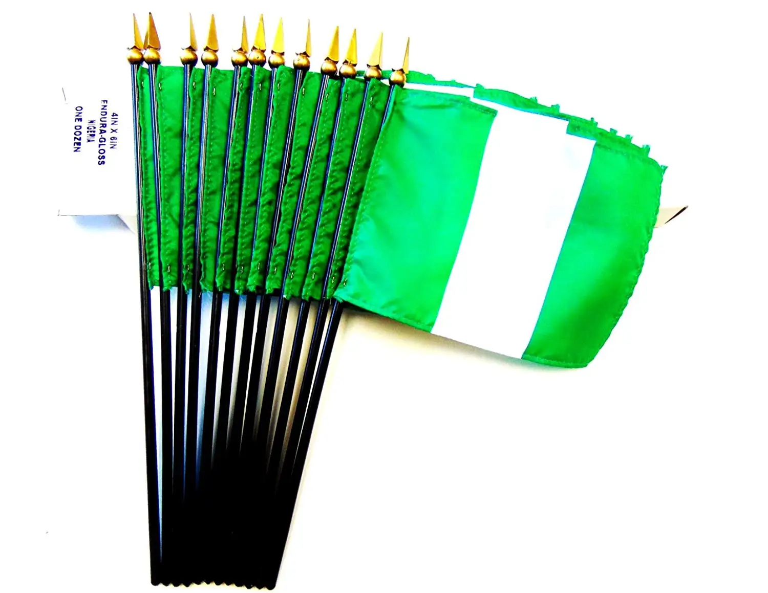 Made in USA!! Box of 12 Nigeria 4"x6" Miniature Desk & Little Table Flags; 12 Office and Waving Small Mini Nigerian Handheld Stick Flags in a Custom Made Cardboard Box Made for These Flags