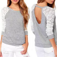 New 2016 Spring Autumn Women Backless Embroidery Lace Casual Hoodies Long Sleeve Sweatshirts Ladies