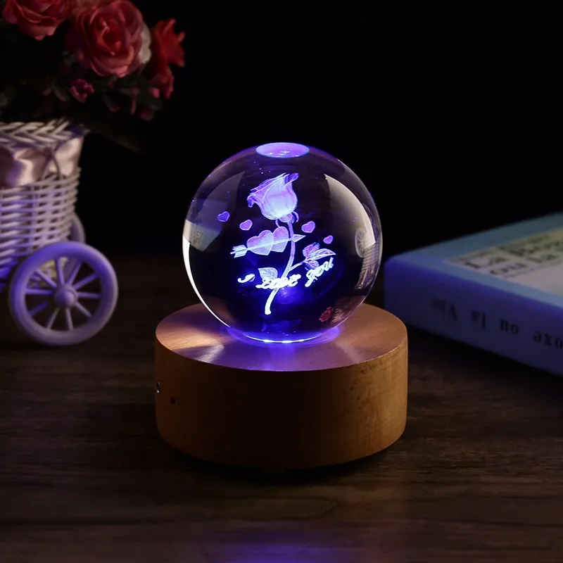Perfect Custom 3d Laser Rose Crystal Ball Music Box For Christmas Gift ...