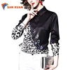 In stock factory price new trending fashion summer dacron print turn-down collar black long sleeve woman blouses and tops