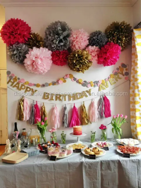 Kids Birthday Party Backdrop Ideas Tissue Paper Pom Poms Balls