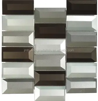 Inverted Bevel Staggered Grey 2" X 4" Metallic Glossy Subway Glass