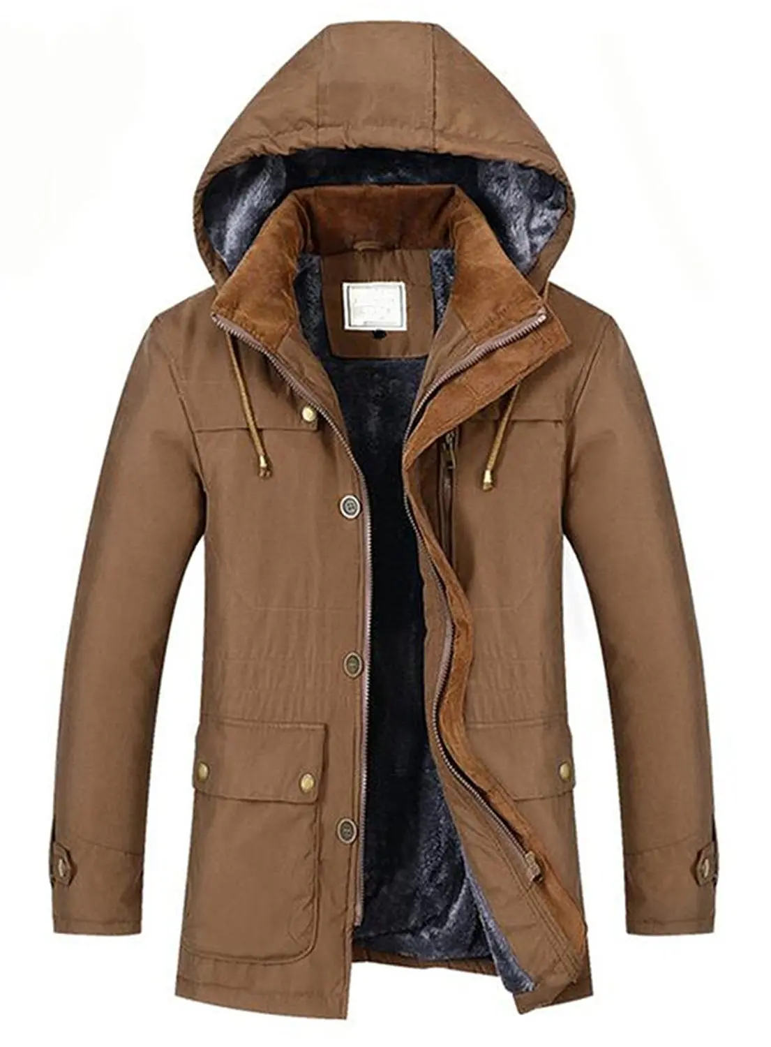 YUNY Men Hoodie Outwear Thicken Cotton Fleece Lined Parka Jackets Khaki M