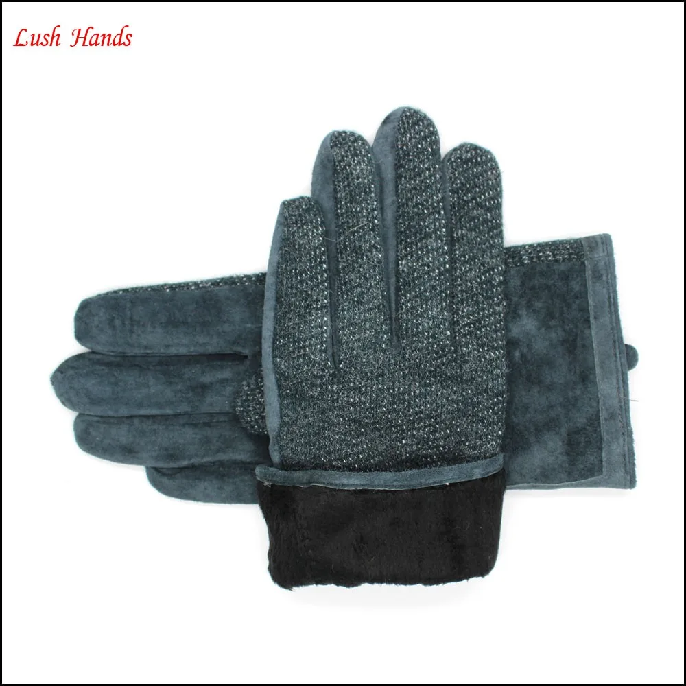 fashion ladies back dark green fabric and palm sheep suede gloves with side zipper