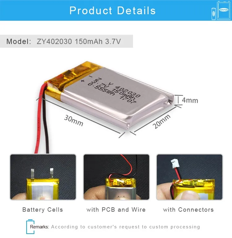 Rechargeable Lipo Li Polymer 37v 402030 200mah 074wh Li Ion Li Polymer Lithium Batteries 5536