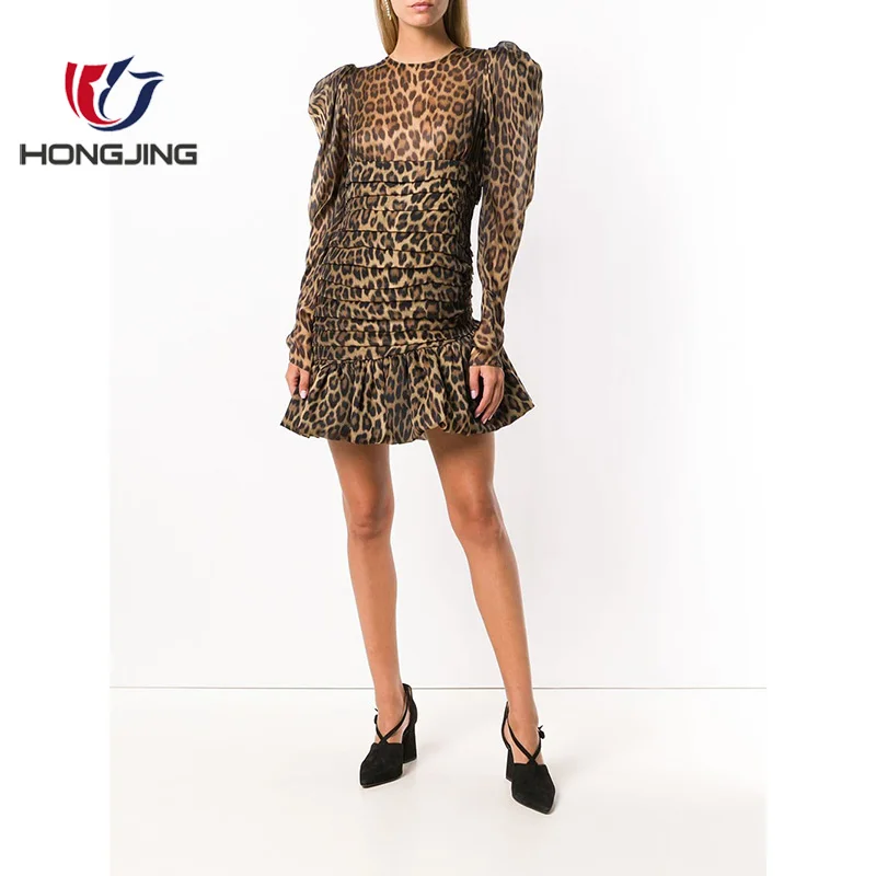 Ladys Brown Silk Short Leopard Print Dress Long Juliet Sleeves Back