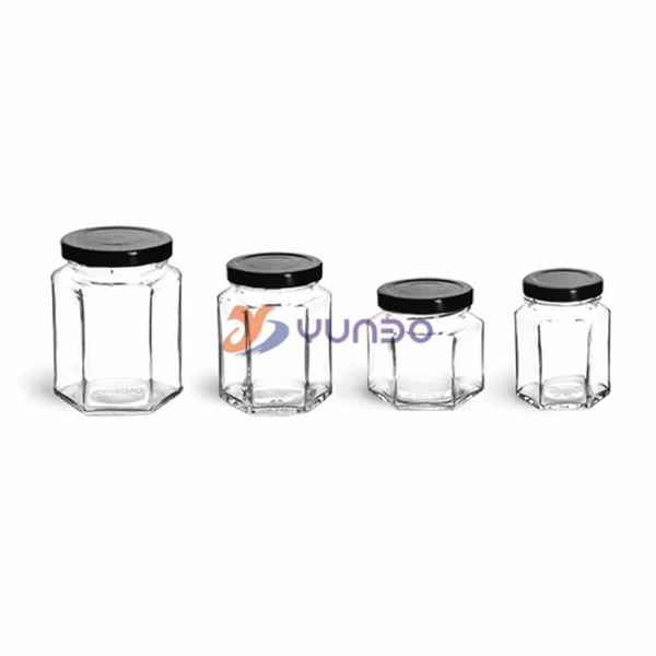 Glass Jars, Clear Glass Hexagon Jars With Black Metal Lug Caps.jpg