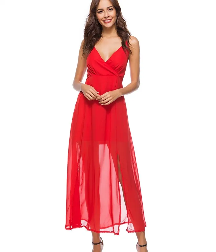A3841 Fashion Spaghetti Strap Red Solid Chiffon Long Evening Dress ...