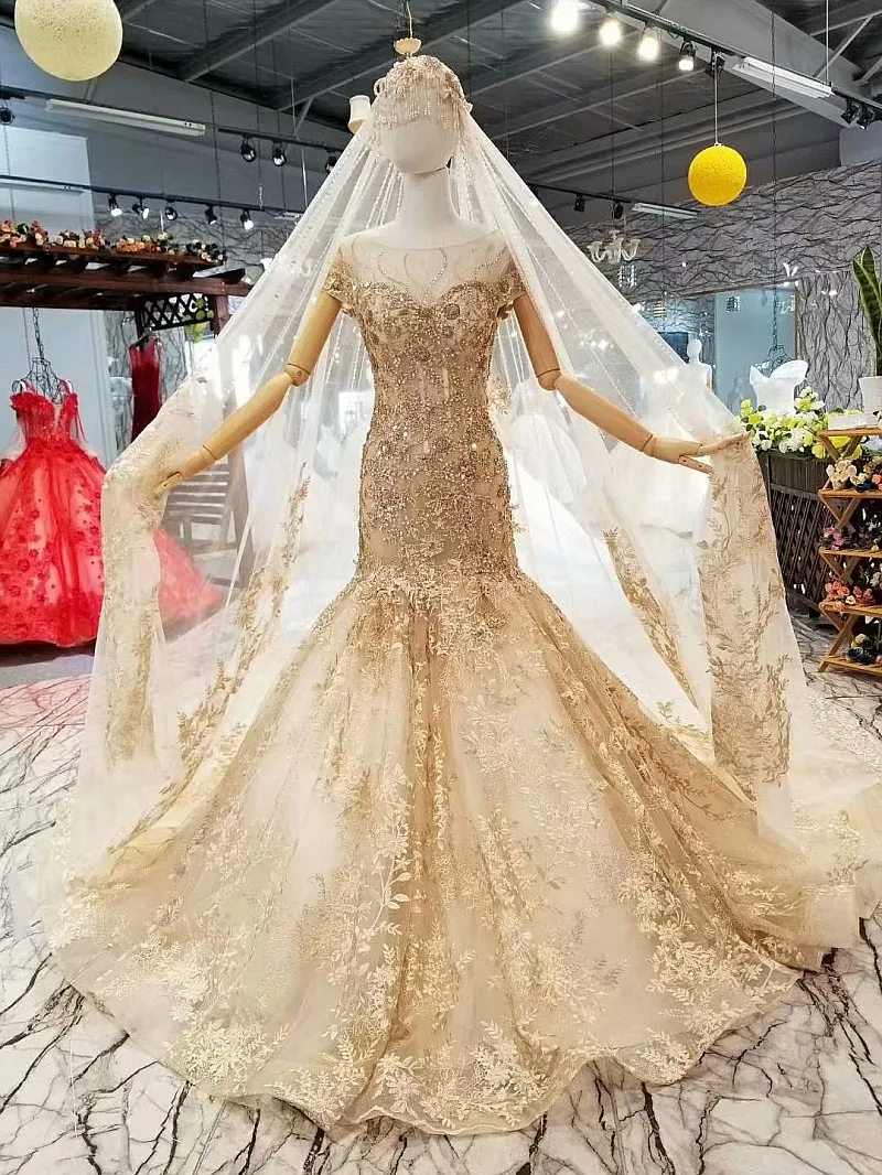 Luxury Mermaid Ball Gown Gold Lace And Tulle Arabic Bridal Wedding