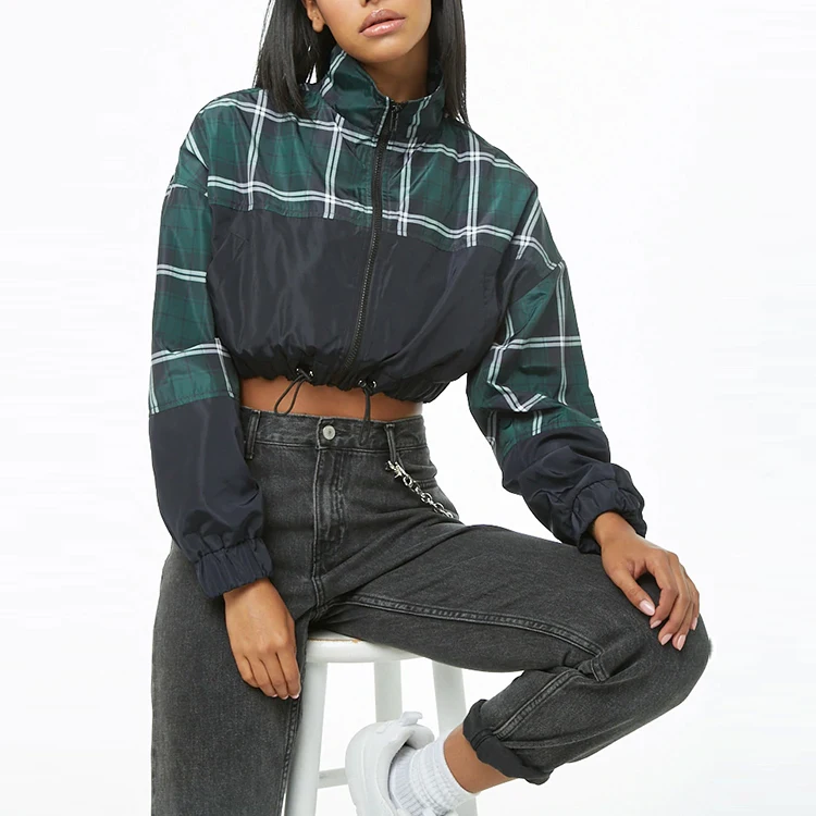 Custom Polyester Colorblock Plaid Cropped Zipper Hooded Windbreaker Streetwear For Women - Buy 