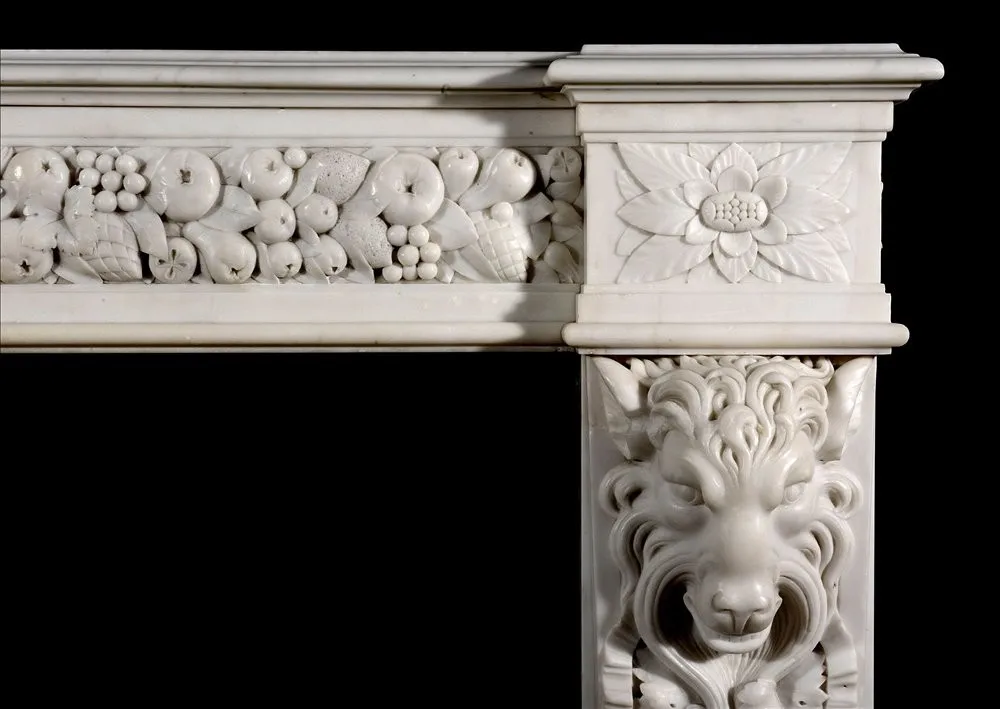 With Lion Head Relief Natural White Marble Fireplace Mantel