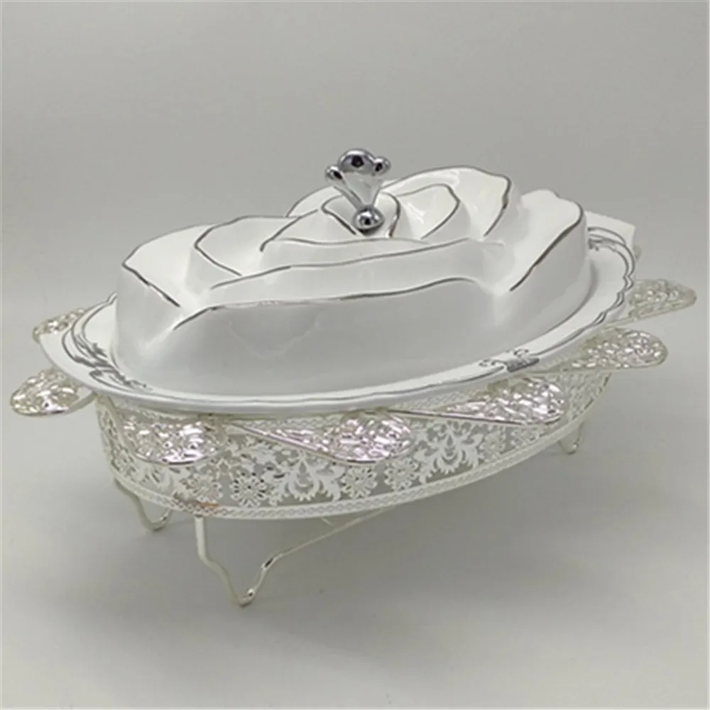New Design Rose Flower Shape Ceramic Silver Oval Chafing Dish For