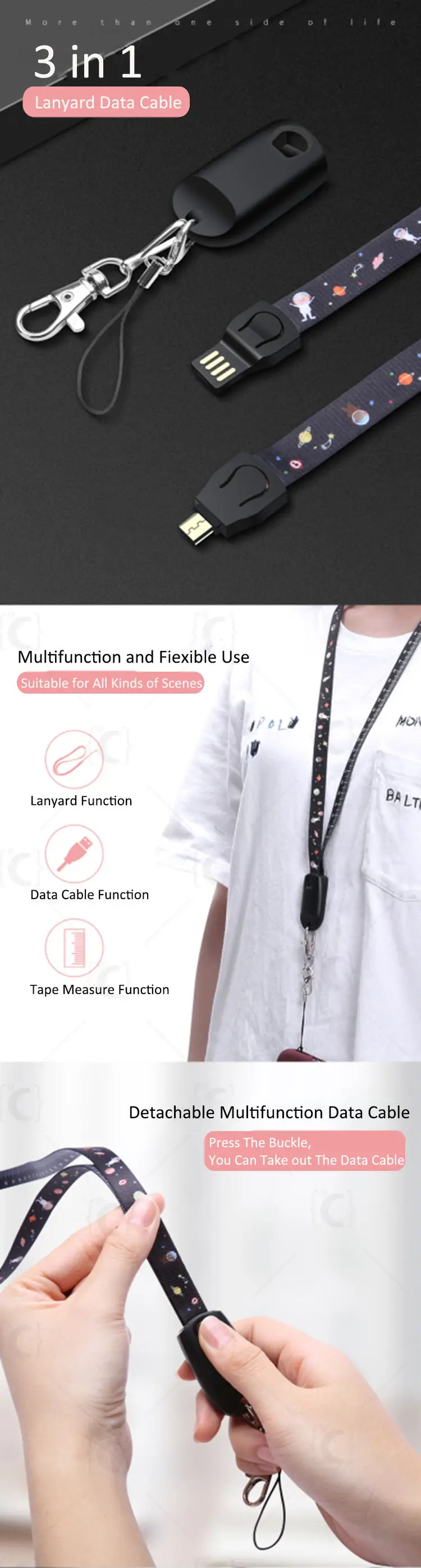 Lanyard Mobile Phone Dual Sided Type C Micro USB Data 3 in 1 Charging Cable with Custom Logo - ANKUX.COM
