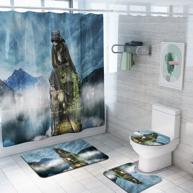 New arrival 3 pcs bathroom rug mat sets 1pc Printed Shower Curtain