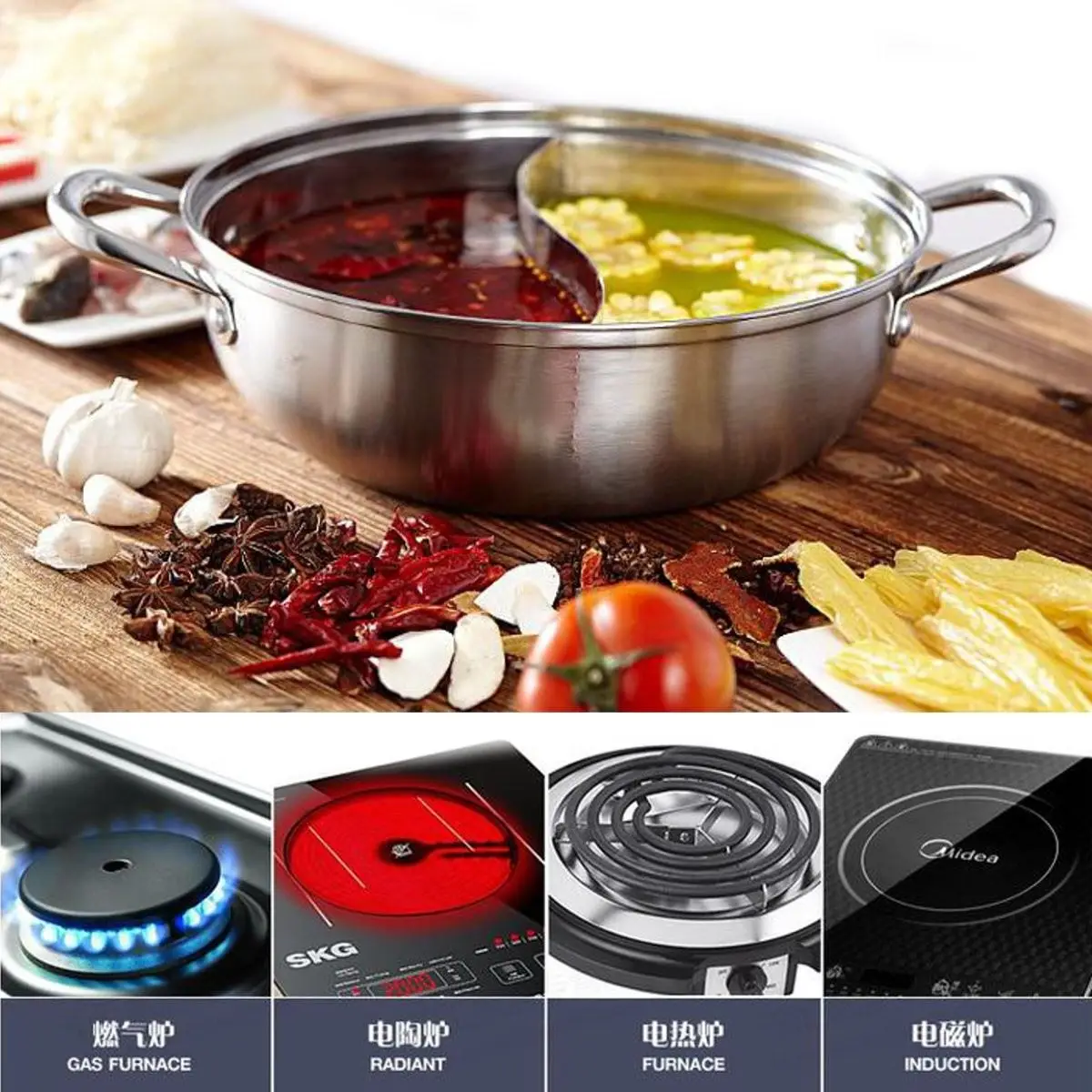 Hot Sale 28cm Hot Pot Twin Divided Stainless Steel Cookware Hot Pot