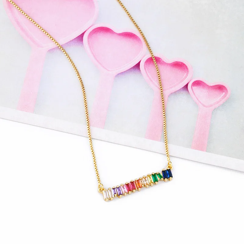 Fashion 18k gold plated cz baguette pendant necklace popular rainbow tennis necklace for women