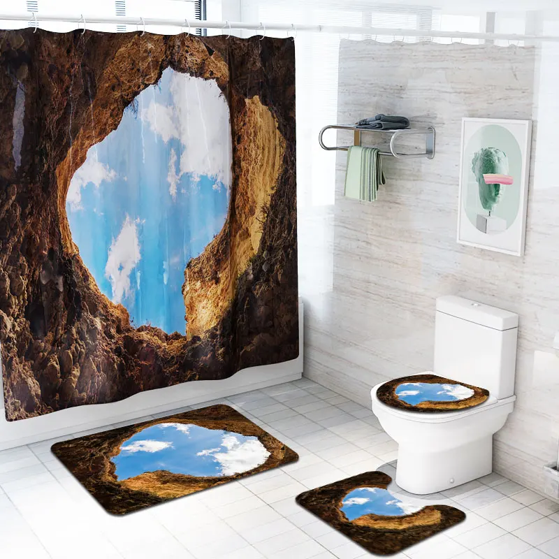 Scenery printed Amazon Custom print  Anti Slip Bath Mat and Shower Curtain Set