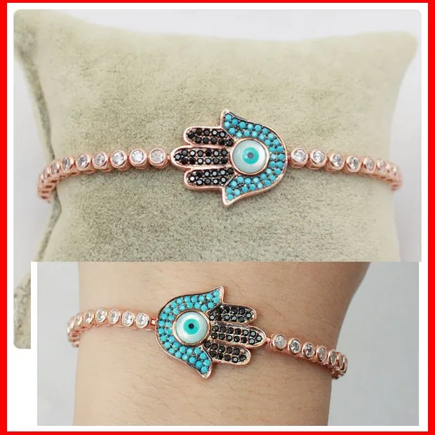 2017 yiwu jewelry wholesale 2.5mm turquoise stone rose gold black gold plated fashion luxury tennis turkish hamsa hand bracelet