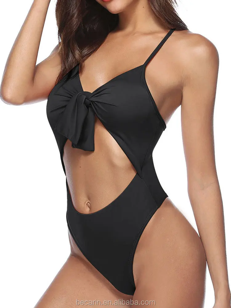 Custom Black High Cut One Piece Swimsuit Sexy Cut Out Bow Knot Cheeky