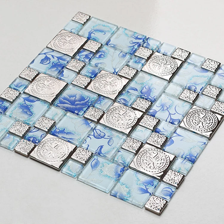 Carved silver metal mix blue rose crystal glass mosaic