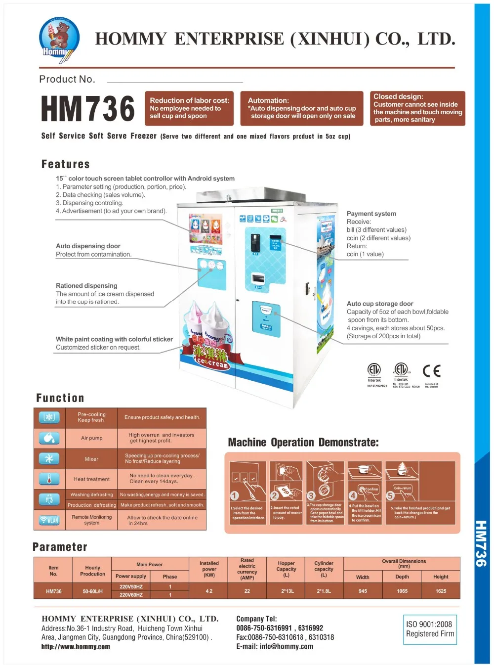 vending ice cream machine HM736S (automatic function ,accept coin,.CE, NSF , ETL certificate)