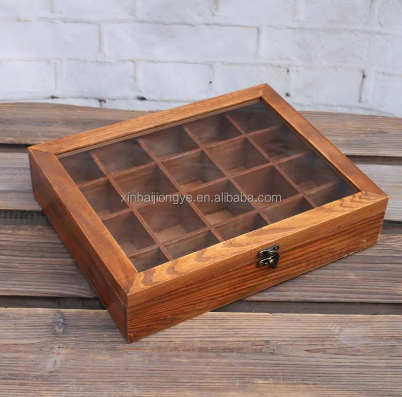 Vintage Glass Lid Wooden Tea Storage Box With Dividers ...