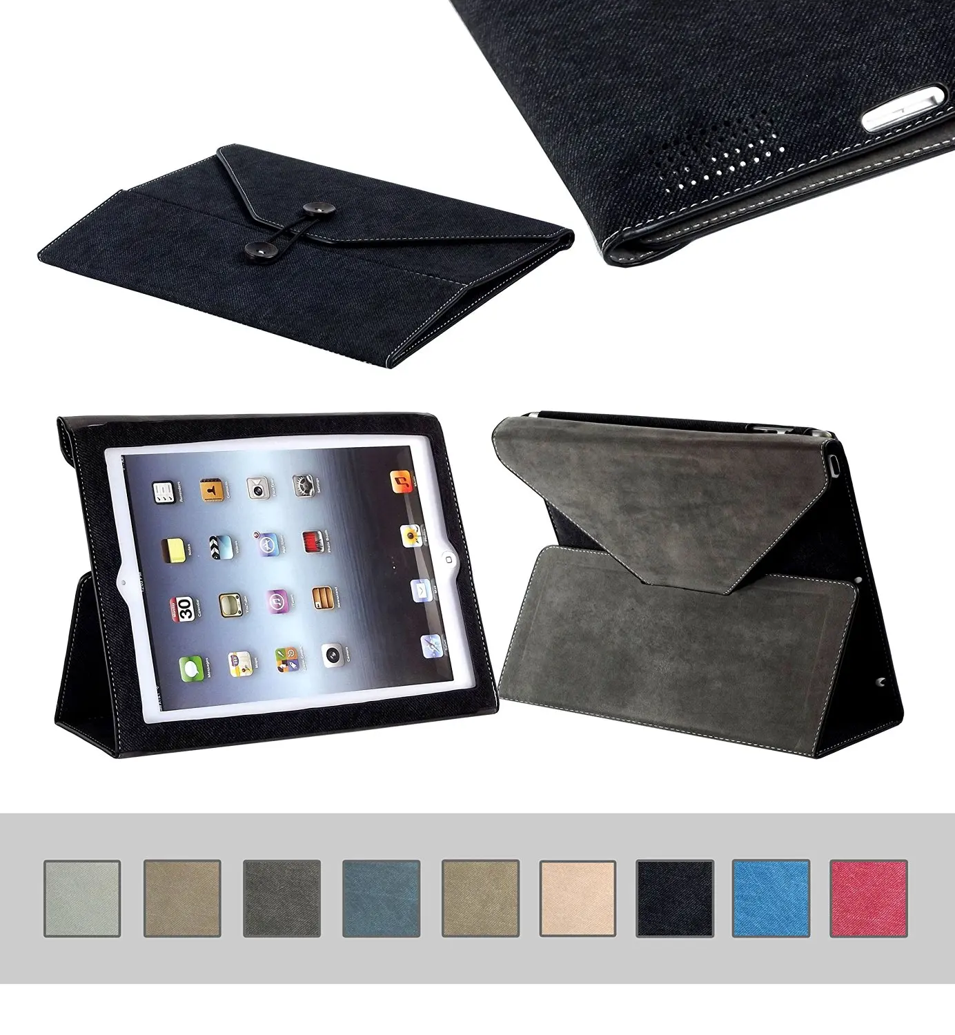 BTM Denim Envelope Jean Portfolio Case Cover Protector for Apple Ipad 2nd 2, 3, 4th 4 Generation Retina Display w/ Elastic Strap & Great Holder | Cute for the Girly Girl | Protective Durable Designer Stand | Cheap Price, Great Value - Black
