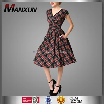 European Ladies Exquisite Black Red Tartan Short Sleeve Swing Dress V Neck Collar Long Homecoming Dress Buy Swing Dress V Neck Collar Short Sleeve