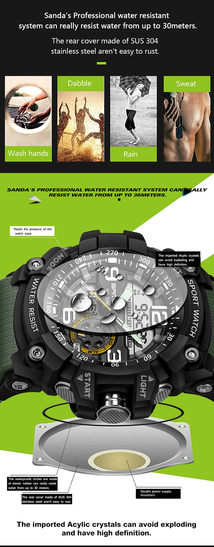 Sanda 759 Military Waterproof Sport Wristwatch Mens Digital Top Brand