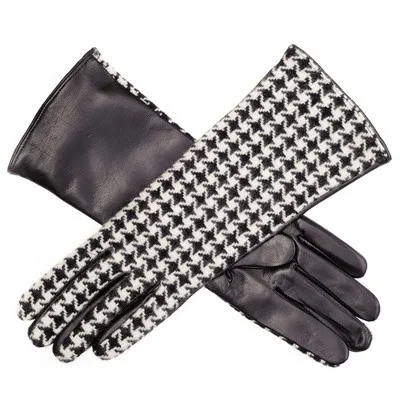 Ladies Houndstooth Cashmere and Leather Musketeer Gloves
