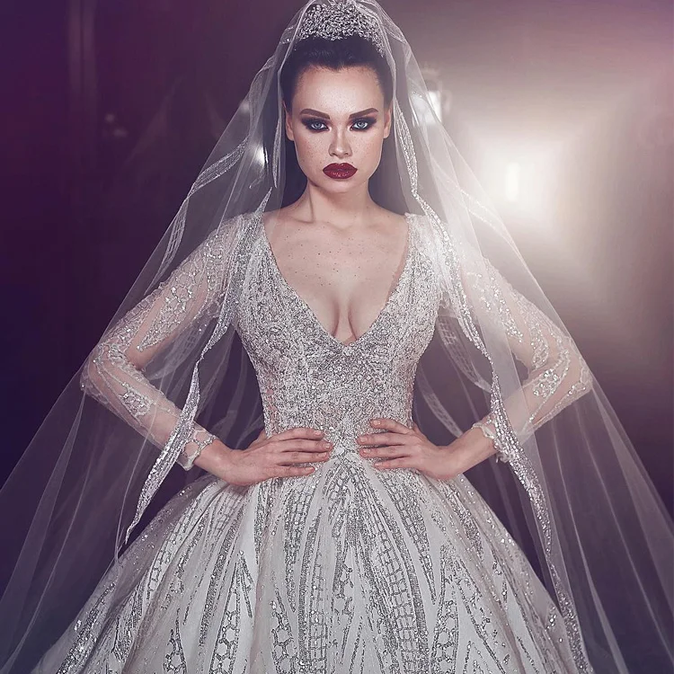 Luweiya 高級結婚式のパーティードレスケバケバクリスタル V ネック長袖の花嫁衣装トルコウェディングドレス女性のための Buy ウェディングドレストルコ Product On Alibaba Com